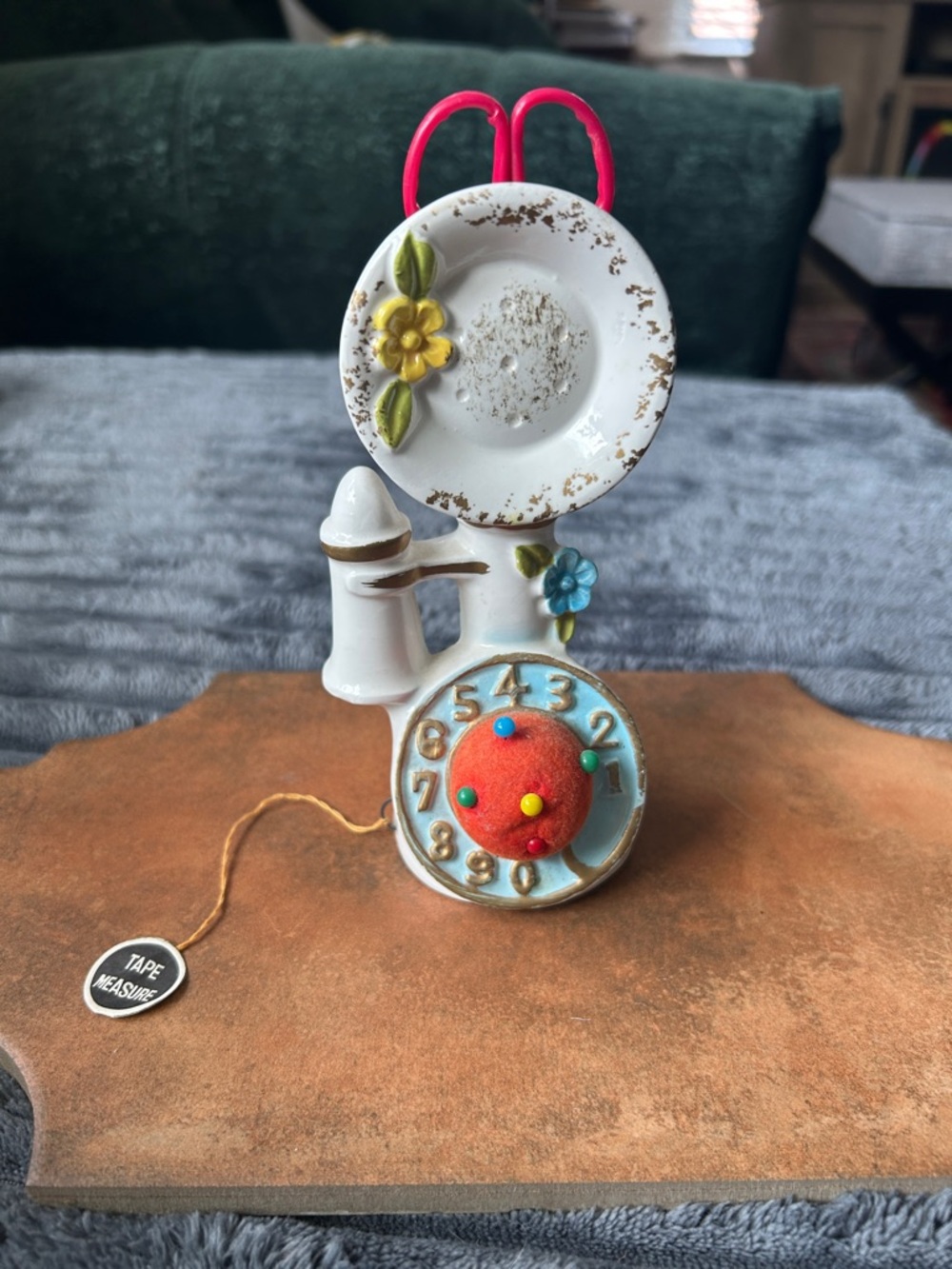 Vintage White Ceramic Decorative Phone Sewing Kit.